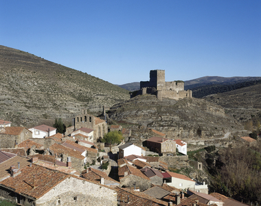 Magana, province of Soria, Castile and Leon, Spain. Panoramic of the town and the castle