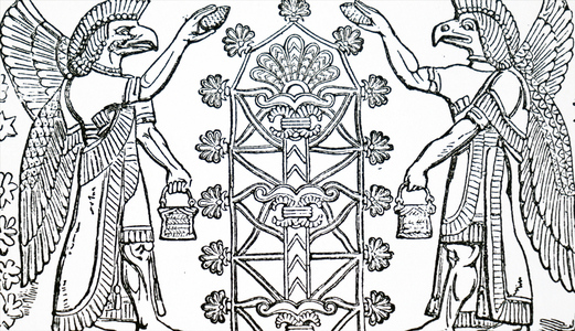 Engraving of a bas-relief depicting the Assyrian God Nisroch, the God of Agriculture. Dated 19th Century