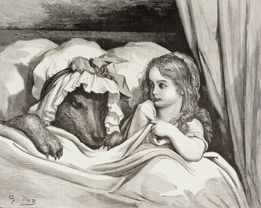Scene From Little Red Riding Hood By Charles Perrault. Little Red Riding Hood In Bed With The Wolf Who Is Dressed As Her Grandmother After Eating Her. What Big Teeth You Have! After A Work By Gustave Dore. From El Mundo Ilustrado, Published Barcelona, Circa 1880