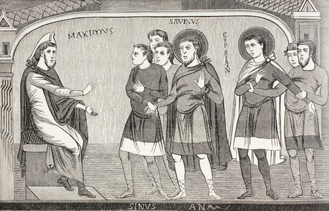 Saints Savin And Cyprian Confessing To Proconsul Galerius Maximus That They Are Christians. After An 11Th Century Fresco In Church Of St Savin, Vienne, France.