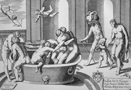 Women's and Mens' bathing house, copper engraving after a mural for the bathroom of Cardinal Bibiena, Vatican, 1600