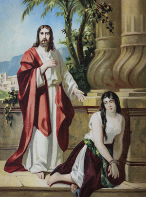 Christ and the adulteress, chromolithograph from a home bible, 1870