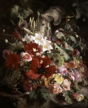 Nature morte of lys, coquelicots et roses. Peinture de Theude Gronland (1817-1876) Collection privee.