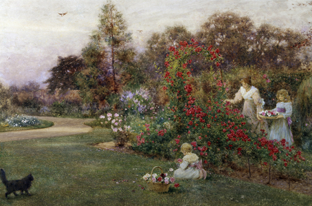 In the Artist's Garden, Yapton, Sussex. Une mere et ses deux enfants cueillent des roses dans un jardin. Peinture de Thomas James Lloyd (1849-1910 British) Collection privee