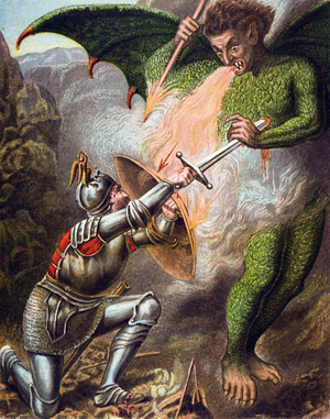 Christian's conflict with Apollyon. In ""Voyage du pelerin"" (The Pilgrim's Progress) de John Bunyan (1628-1688).