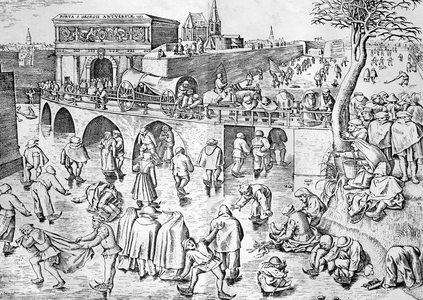 Ice skating on the frozen Seine River near Paris, France, historical woodcut, circa 1888