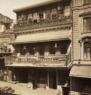 San Francisco, California: c. 1880 - A photograph of a Chinese restaurant on DuPont Ave near Sacramento Street from a Carleton Watkins stereocard.(DuPont Ave. is now Grant St.)
