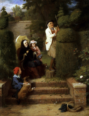In the Garden. Dans le jardin : une grand mere (grand-mere) et ses deux petits enfants regardent leur grand pere (grnd-pere) tailler un buisson en forme d'animal dans le jardin. Peinture de George Bernard O`Neill (1828-1917 British) Collection privee