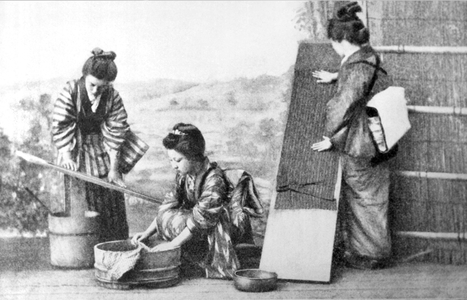Japanese Women Doing Laundry - Japan : c. 1890 - Japanese women doing laundry and ironiing