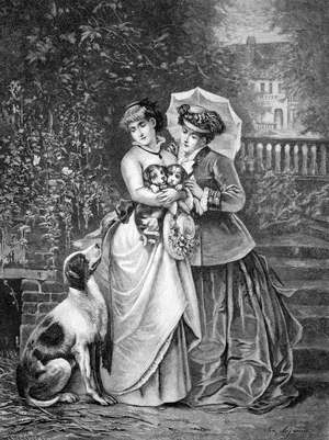 Women with puppies, historical engraving of 1883
