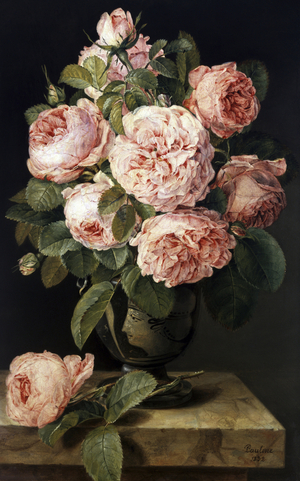 Nature morte de roses dans une urne. Peinture de Pauline Koudelka Schmerling (Koudelka-Schmerling) (1806-1840). Collection privee.