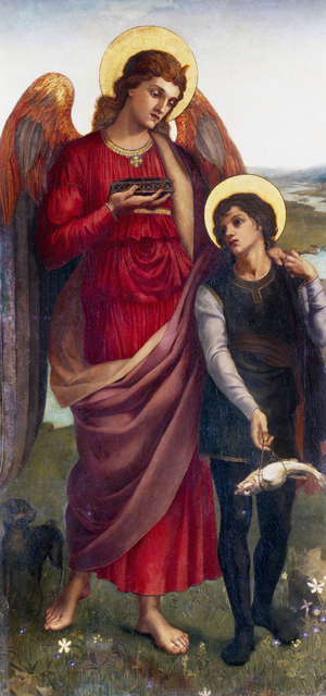 ""Tobie et l'archange Raphael"" Tobie (Tobias), charge par son pere aveugle de trouver le fiel de poisson est accompagne par l'archange Raphael. Peinture d'Evelyn De Morgan (1855-1919) (preraphaelite) 1875 Collection privee