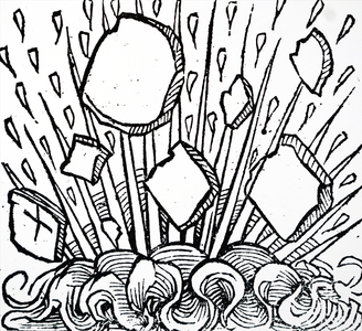 Engraving depicting a disintegrating meteor, recorded in the 6th Century. Dated 15th Century