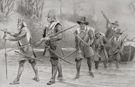 The landing of Myles Standish on the shore of Cape Cod in 1620, prior to the establishment of the Plymouth Colony, North America, 1899 (print)