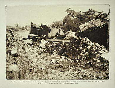 Destroyed locomotive after bombardment at Kaaskerke in Flanders during the First World War, Belgium