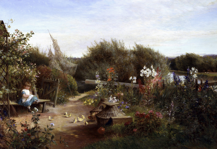In the Garden. Dans un jardin, une petite fille assise sur un banc donne des graines a des poussins. Peinture de Charles James Lewis (1830-1892 British) Collection privee