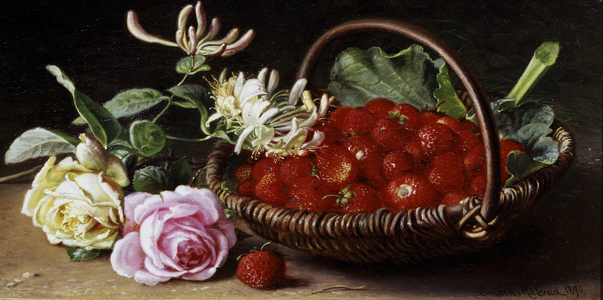 Fraises dans un panier avec roses et chevrefeuille. Peinture de Emma Mulvad (1838-1903). Collection privee.