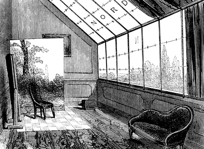 a small photographer's studio, showing a backdrop, and mirror to reflect light on to the subject. Dated 19th Century