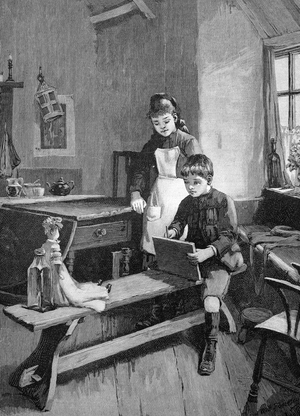 Boy drawing his sister's doll, historical illustration circa 1893