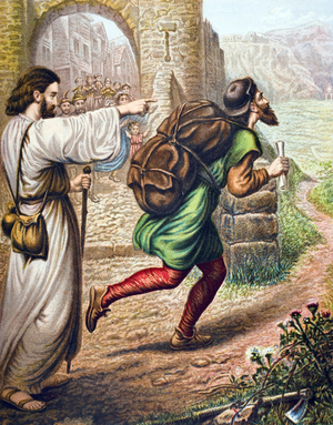 Evangelist directs Christian on his way. Christian's arrival at the wicket gate. In ""Voyage du pelerin"" (The Pilgrim's Progress) de John Bunyan (1628-1688).