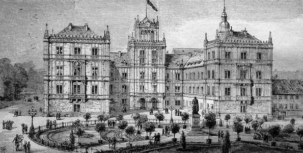 Schloss Ehrenburg Castle, residence of the Duke of Saxe-Coburg-Gotha, Coburg, Bavaria, Germany, historical engraving, 1888