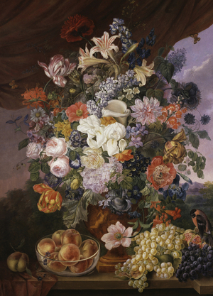 Fruits et fleurs sur un rebord avec paysage. Peinture de Franz Xaver Petter (1791-1866) Collection privee.