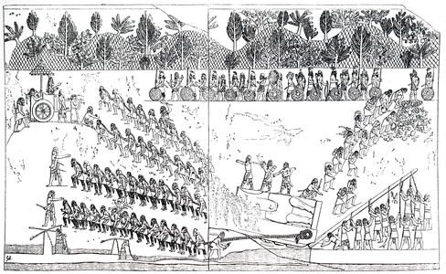 Engraving of a bas-relief depicting Assyrians manoeuvring a huge statue into place by means of rollers and leverage. Dated 19th Century