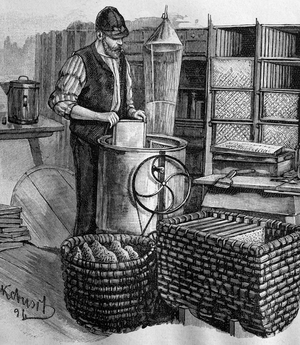 Beekeepers at work, honey extractor, historic wood engraving, about 1897