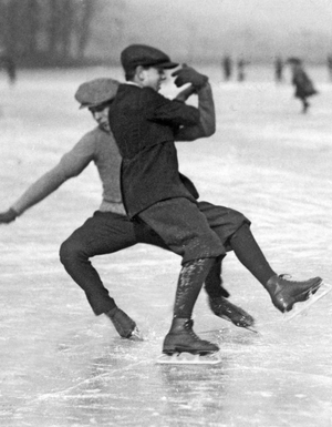New York, New York: January 20, 1921.
Two ice skaters collide on the rink at Van Cortlandt Park in the Bronx.