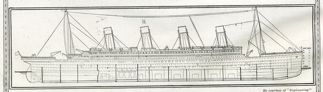 Illustration to show how the Titanic was divided into sixteen transverse compartments, from 'The Sphere', 20 April 1912 (litho) (detail of 450856)