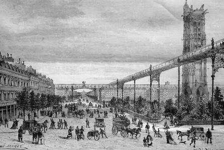 The light rail project in Paris in 1888, on the Place Saint-Jacques-la-Boucherie