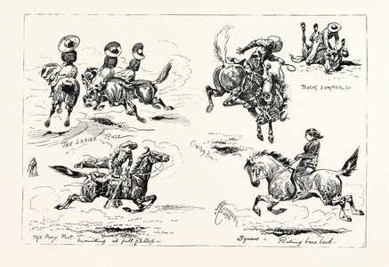 BUFFALO BILL AT EARL'S COURT: SKETCHES IN THE WILD WEST ARENA, LONDON, UK, 1892 engraving