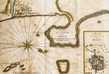 Peru, South America, 18th century. Plane of the inlet of Pisco, located on the coast of Peru, at 13 degrees 40 austral latitude, and plane of the village of Pisco located in the bay of the same name, where the Pisco river flows, the present capital of Department of Ica. Drawing done in 1713, by the French military and engineer in the service of the king of France, Louis Amadeo Frezier. Engraving published in Paris, 1716. Library of Catalonia, Barcelona, Spain