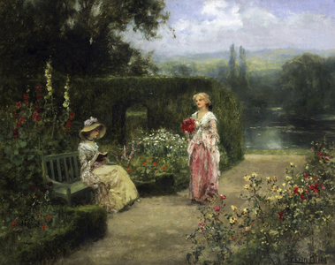 Jeunes femmes dans un jardin de la campagne anglaise. Peinture de Yeend King (1855-1924) Collection privee.