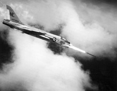 Vietnam: November 22, 1965
A Navy Crusader jet from the USS Midway aircraft carrier fires a Zuni rocket at a Viet Cong target in South Vietnam.