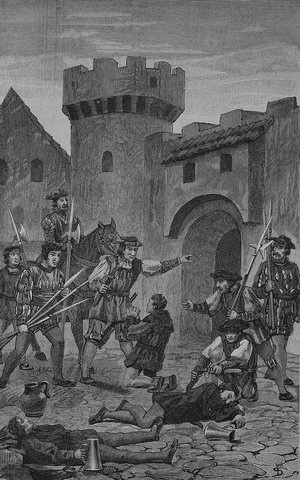 German Peasants War (1524-1526):  The donkey gate in Marbach, 19th century (engraving)