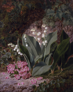 Nature morte avec muguets et primeveres. Peinture de Thomas Worsey (1829-1875) Collection privee.