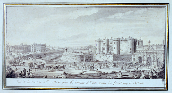 18th century illustration of the Bastille fortress and prison in Paris. Circa 1780