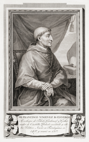 Francisco Jimenez de Cisneros, 1436 - 1517, aka Ximenes de Cisneros. Spanish cardinal, religious figure, and statesman. After an etching in Retratos de Los Espanoles Ilustres, published Madrid, 1791