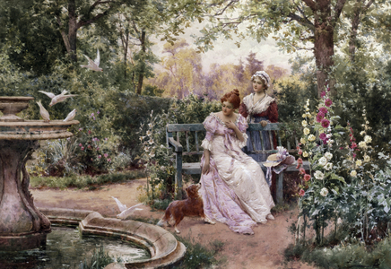 Her Lady's Pets. Deux jeunes filles dans un jardin fleuri avec un chien pres d'une fontaine avec des colombes. Peinture de Alfred Augustus I Glendening (ac.1861-d.1903 British). Preraphaelisme (art preraphaelite). Collection privee
