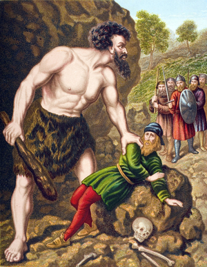 Great-Heart and his companions attack Giant Slay-Good. In ""Voyage du pelerin"" (The Pilgrim's Progress) de John Bunyan (1628-1688).