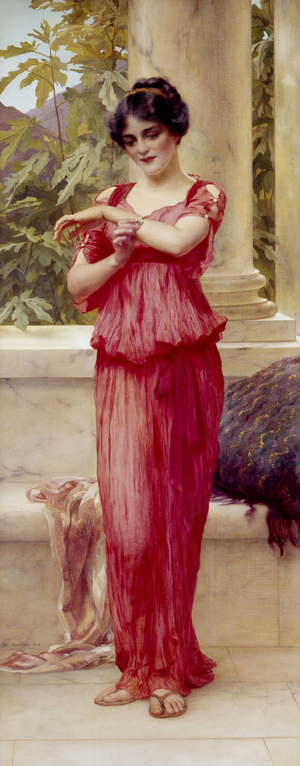 ""Sur la terrasse"" Une jeune fille dans un decor a l'antique, admire son bracelet. Peinture de William Clarke Wontner (1857-1930) (preraphaelite) 1914 Collection privee
