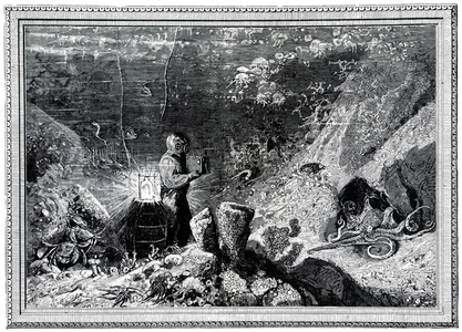 a diver taking photographs on the sea floor. Dated 19th Century