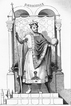 Henry II, (born May 6 973 or 978 in Bad Abbach or Hildesheim; died July 13, 1024 in Grone, today Goettingen), Holy (since 1146), from the noble family of the Ottos was when Henry IV 995-1004, and again 1009-1017 Duke of Bavaria, 1002-1024 Koenig of Ostfrankenreiches (Regnum francorum orientalium), 1004-1024 king of Italy, and from 1014 to 1024 Roman German Emperor