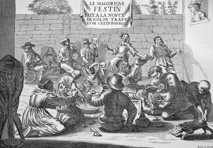 Mockery of a beggar's wedding, French engraving, 1850