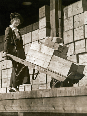Boston,Massachusetts: September 30, 1919
A young woman commandeered a hand truck to carry home her supply of Army food that she purchased at the Government store.