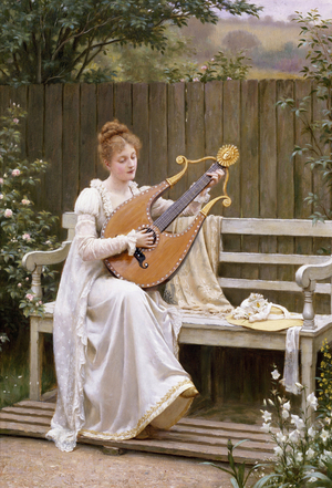 ""Con Amore"" Jeune femme jouant de la lyre. Peinture de Edward Blair Leighton (1853-1922) 1895