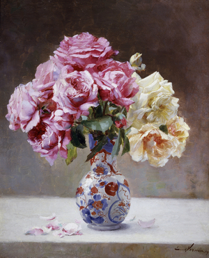 Nature morte de roses dans un vase. Peinture de Emile Vernon (1872-1919) Collection privee.