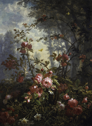 Etude de roses et papillons.. Peinture de Ernest Ludolf Meyer (1848-1922 German) Collection privee