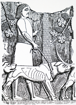 Engraving of a terracotta tablet excavated at Babylon, showing a large dog and its attendant. Dated 19th Century